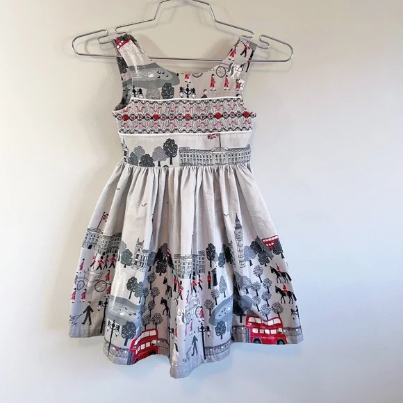 Handmade one of a kind girl's smocked dress, London Print - Picture 1 of 12